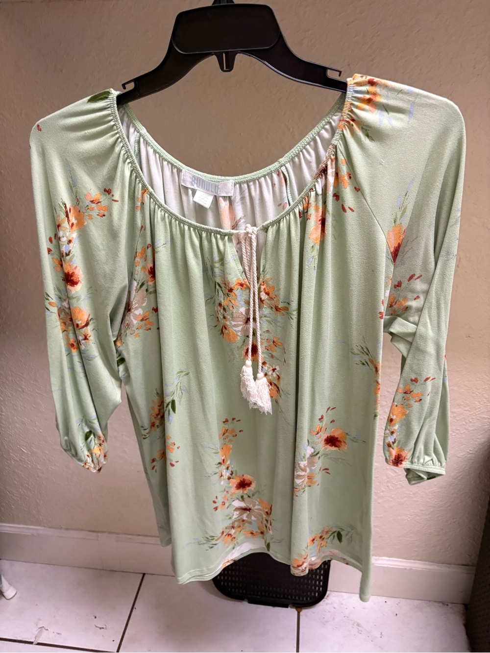 Light Green Floral Peasant Top with Tassel Tie